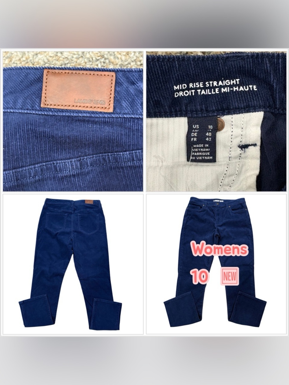 Womens Lands End 10 Medium Pants Plush Cords Corduroy Navy Blue Stretch Straight